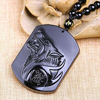 #ad Natural black obsidian wolf head necklace Amulet crystal pendant with bead chain $10.99