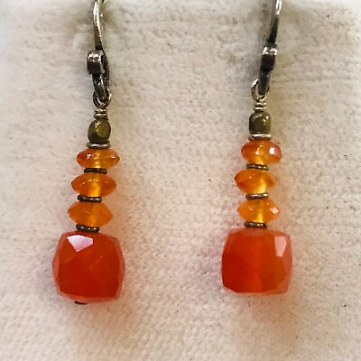 #ad 925 sterling silver VTG carnelian earrings Dangle Orange Agate Faceted Stone 1” $15.00