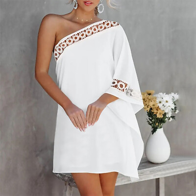#ad Ladies Casual Party Elegant Dresses Womens One Shoulder Lace Clubwear Mini Dress $24.85