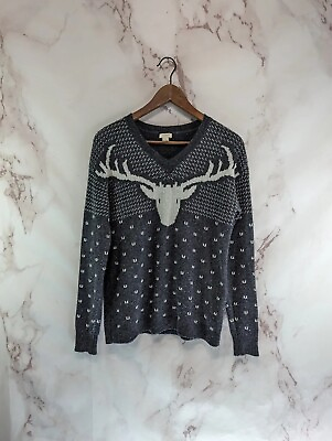 #ad J Crew Sweater Womens Small Gray Wool Reindeer Fair Isle Nordic Birdseye V Neck $11.48