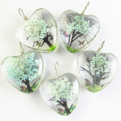 #ad 5Pcs 24x12mm Blue Delicate Crystal Glass Dried Flower Heart Pendant T02027 $12.44