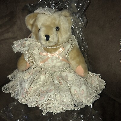#ad VTG BEARLY PEOPLE? 12quot; MOVABLE LEG TEDDY BEAR Pretty Victorian DRESS New In Pkg $17.00