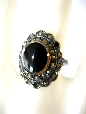 #ad VINTAGE STERLING SILVER MARCASITE BLACK ONYX RING SIZE 5 $22.48