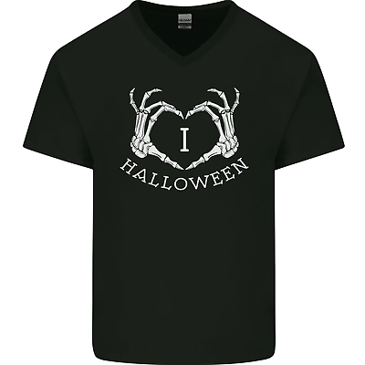 #ad I Love Halloween Funny Skeleton Hand Skull Mens V Neck Cotton T Shirt GBP 11.99