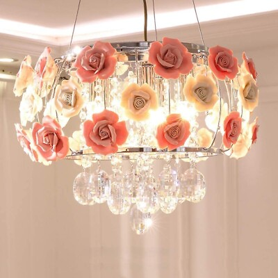 #ad Ceramic Pink Rose Flower Chandelier Ceiling Fixture Light Crystal Pendant Lamp $143.51