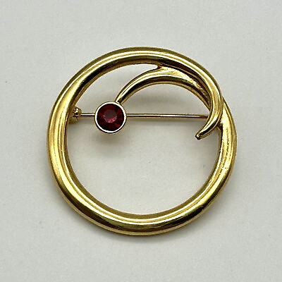 #ad Unique Gold Tone Circle Brooch Deep Red Austrian Crystal Total = 1.5” Diameter $6.00