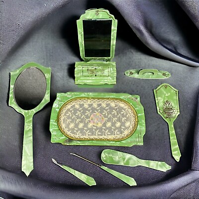 #ad Vintage Deco Green Marbled Handheld Mirror amp; Brush Vanity Set 9 Pieces Plastic $44.65