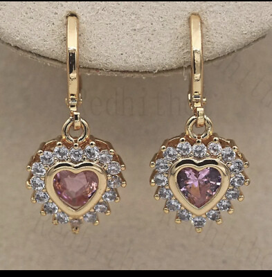 #ad 18K Gold Filled Heart Pink Quartz Zircon Dangle Earrings￼ $13.50