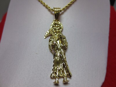 #ad 14 KT GOLD PLATED 3quot; SANTA MUERTE CHARM amp; 24 INCH 3 MM ROPE CHAIN SET A83 $20.21