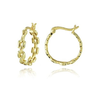 #ad Yellow Gold Flashed Sterling Silver Square Link Design Round Hoop Earrings $19.64