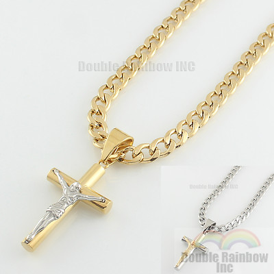 Mens stainless steel Gold Silver Plated cuban jesus cross pendant necklace chain $12.49