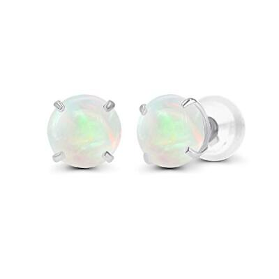 #ad Genuine 14K Solid White Gold 6mm Round Natural Opal October Birthstone Stud E... $62.93