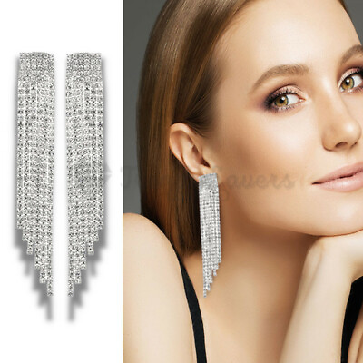#ad Long Tassel Crystal Earrings Chandelier Drop Dangle Ear Studs Silver Jewellery GBP 4.99