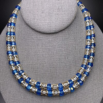 #ad Blue Multi Strand Beaded Necklace Gold Tone Collar Encased Bead Vintage $25.46
