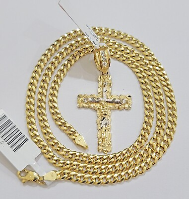 #ad 10k Yellow Gold Cross Charm Pendant 18 26quot; Miami Cuban Link Chain Necklace SET $555.55