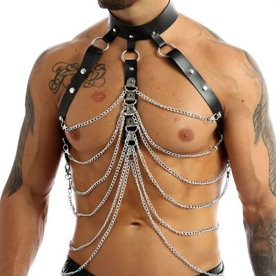 #ad Men Sword belt Faux Leather Body Chest Chain Harness Punk Male Leather Bondage AU $24.26