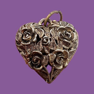 #ad Antique Heavy STERLING Estate Hand Etched Open Filigree Rose Puff Heart Pendant $48.00