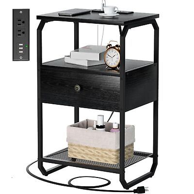 #ad Black End Table with Charging Station 3 Tier Night Stand with Wooden Drawer ... $58.95