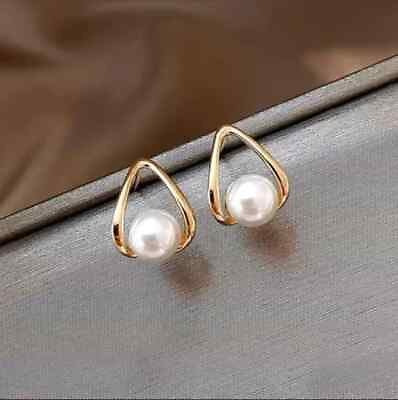#ad 925 Silver Geometric Elegant Pearl Stud Women party Earring 14k yellow gold over $120.00