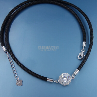 #ad Sterling Silver Black Genuine Braid Leather Necklace Choker w CZ Round Pendant $29.69