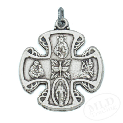 #ad Four Way Catholic Cross Of Jesus 4 Way Medal Pendant Silver Pewter Made In Italy $9.99