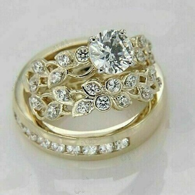 #ad Lab Created Diamond Trio His Her Wedding Band Ring#x27;s Set 14K Yellow Gold Plated $149.99