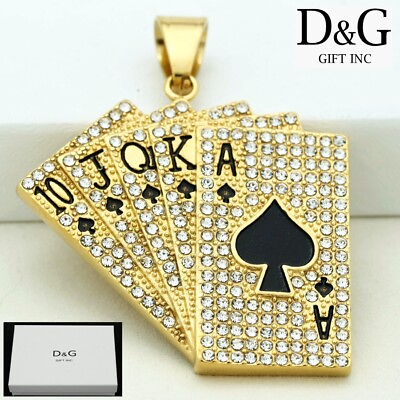 #ad DG Men#x27;s Gold Stainless Steel poker Brilliant CZ 50mm Pendant Unisex *Box $14.95