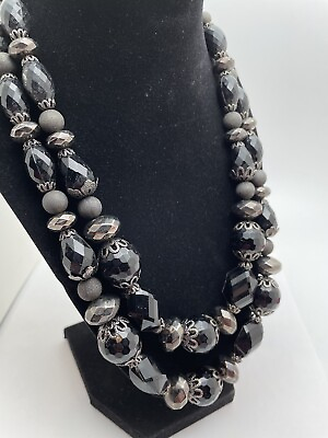 #ad Black Necklace Bead Vintage Multi Strand Black 20quot; Faceted Gray $11.69