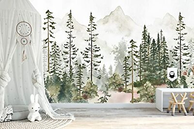 #ad Watercolor Pine Tree Forest Mountains Peel and Stick Wallpaper Self Adhesive ... $10.71