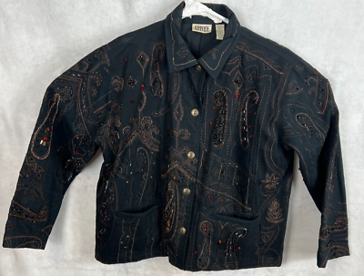 #ad Chicos Design Women 2 Large Embellished Sequin Jean Jacket Black Button Pockets $21.93