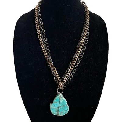 #ad Triple Multi Tone Metal Chain Strands Turquoise Pendant Statement Necklace 32” $25.95