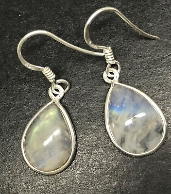 #ad Rainbow moonstone pear drop earrings solid Sterling silver 14 x 10mm new GBP 21.99