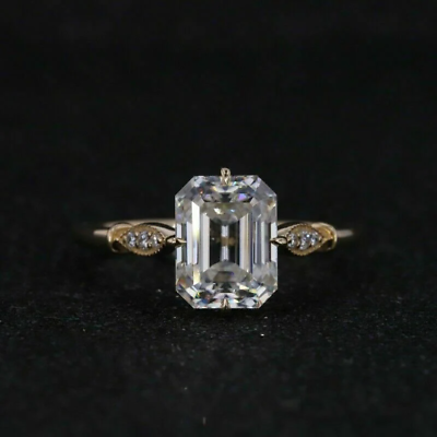 #ad 9X7 MM Solitaire Emerald Cut Colorless Moissanite Proposal Ring 10k Yellow Gold $279.90