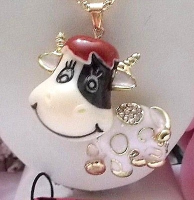#ad BETSEY JOHNSON CUTE WHITE SPOTTED CRYSTAL amp; ENAMEL COW PENDANT CHAIN NECKLACE $29.99
