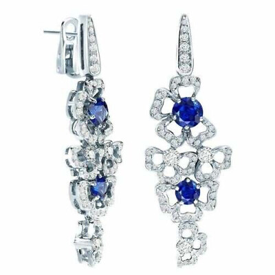 #ad Elegant Round Cut Royal Blue Lab Created Sapphire amp; CZ Women#x27;s Silver Earrings $271.00
