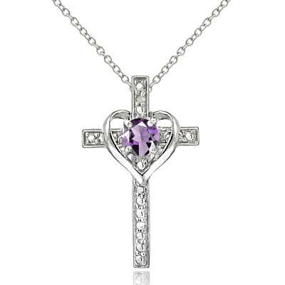 #ad Cross Heart Amethyst Pendant Necklace in Sterling Silver $27.99