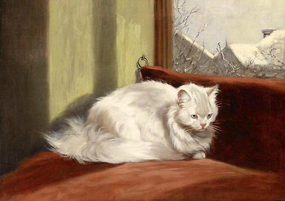 #ad Hand painted oil painting beautiful animal white cat seated by winter window $69.29