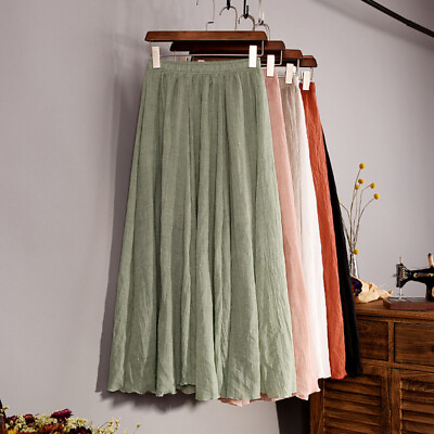 #ad Women Lady Cotton Linen Pleated Maxi Long Beach Boho Skirt Vintage Casual Dress $14.39