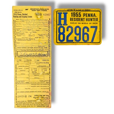 #ad VTG 1955 PENNA Pennsylvania Resident Hunter Hunting License Deer Bear Tag $15.19