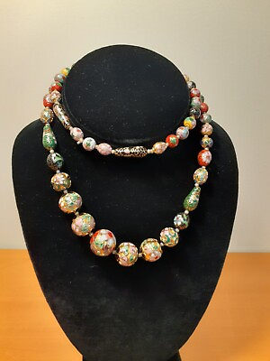 #ad Vintage Chinese Cloisonne Necklace Gold Tone Enamel Beads 28quot; Long No Clasp $280.00