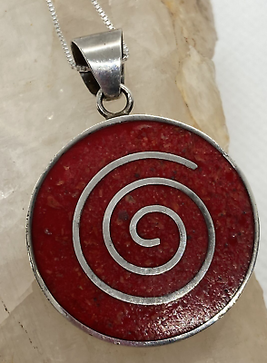 #ad Vintage Crushed Red Stone Swirl Sterling 925 Silver Pendant 18#x27;#x27; Necklace 6g $26.56