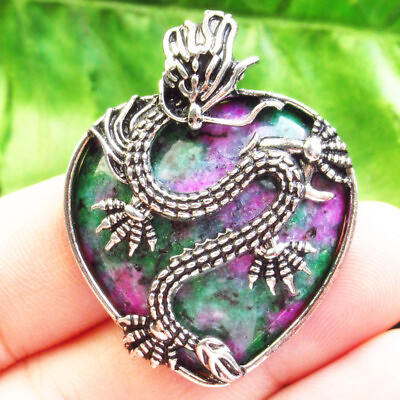 #ad 42x32x9mm Dragon Wrapped Ruby In Fuchsite Heart Pendant Bead FH01849 $11.61