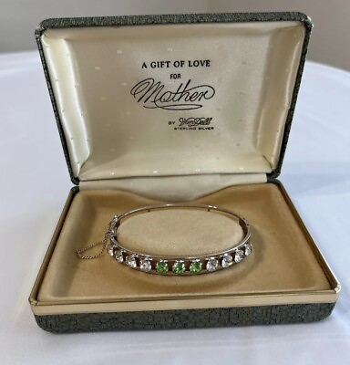 #ad Van Dell Sterling Light Green Clear Rhinestone Bracelet 1950 Safety Chain Box $25.00