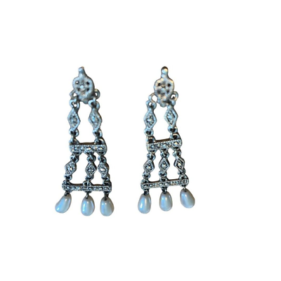 #ad Chandelier Teardrop Faux Pearl Silvertone Ornate Pierced Earrings $19.00
