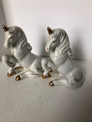 #ad 2 Vintage unicorn porcelain white with gold highlights 5quot; tall made in China $18.75