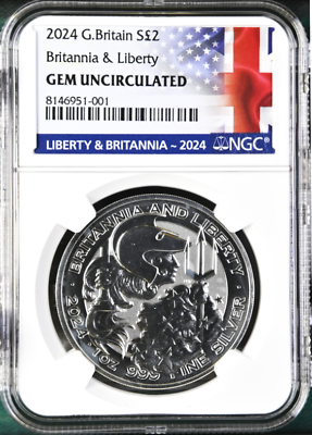 #ad 2024 uk 2 lb liberty and britannia 1 oz silver coin ngc GEM uncirculated $44.60