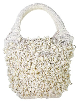 #ad Crochet Ivory Natural Cotton Plastic Beads Small Purse Bag Zip Top $27.49