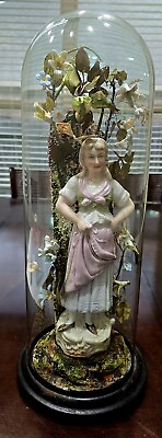 #ad Antique Victorian Glass Dome Ceramic Girl Surrounded By Flowers Late 1800s $595.00