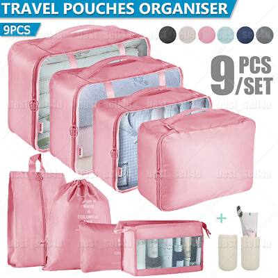 #ad 8 9PCS Travel Luggage Organiser Set Suitcase Storage Bags Clothing Packing Cubes $14.99