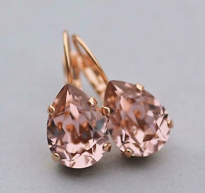 #ad Pear Cut Lab Created Morganite Women#x27;s Drop Dangle Earrings 14K Rose Gold Plated $90.74